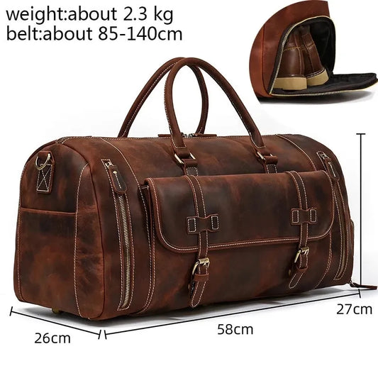Luufan Genuine Retro Crazy Horse Leather Travel Bag with Shoe Pocket