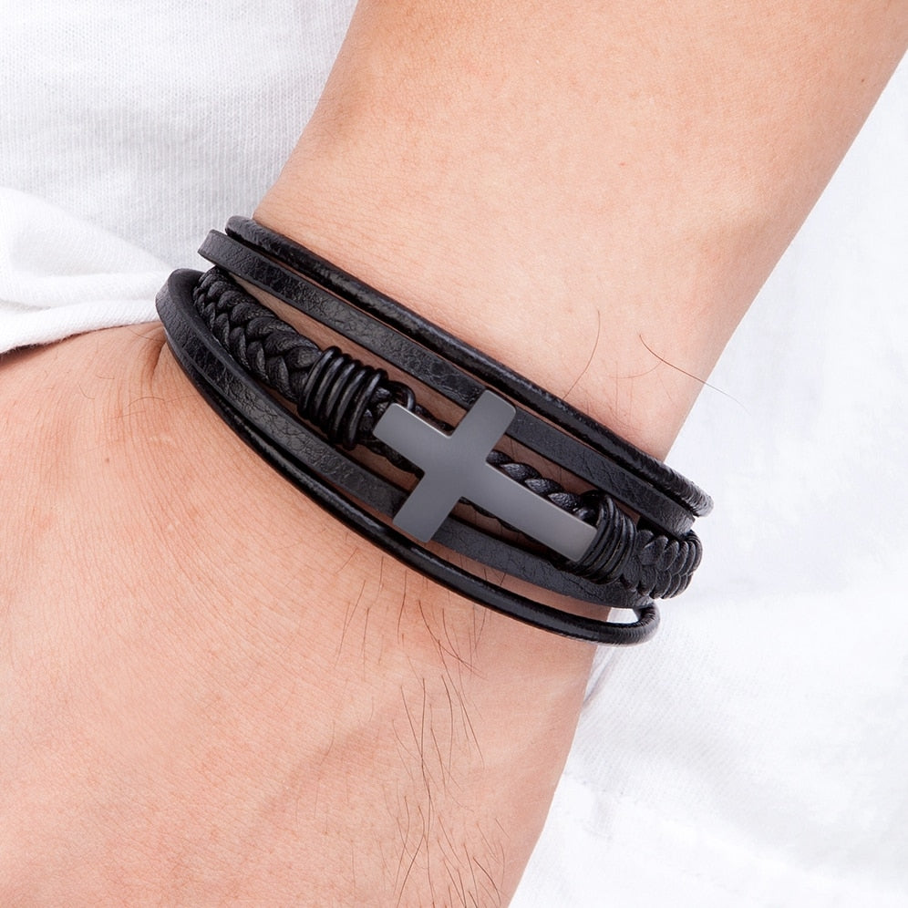 Multicolor Cross Design Stainless Steel Leather Bracelet