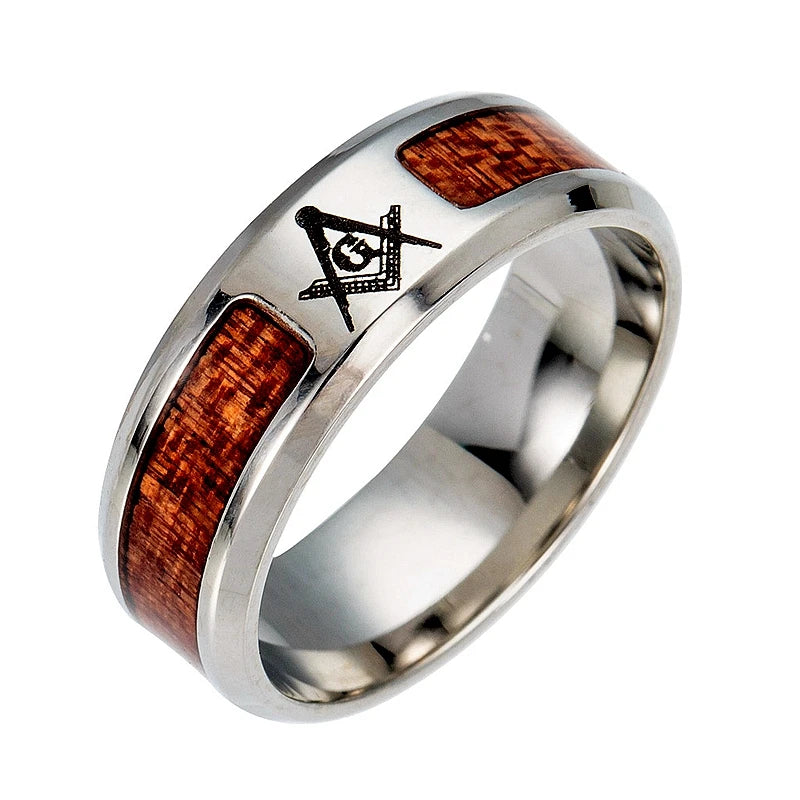Wood Grain Masonic Ring - Stainless Steel Jewelry for Men