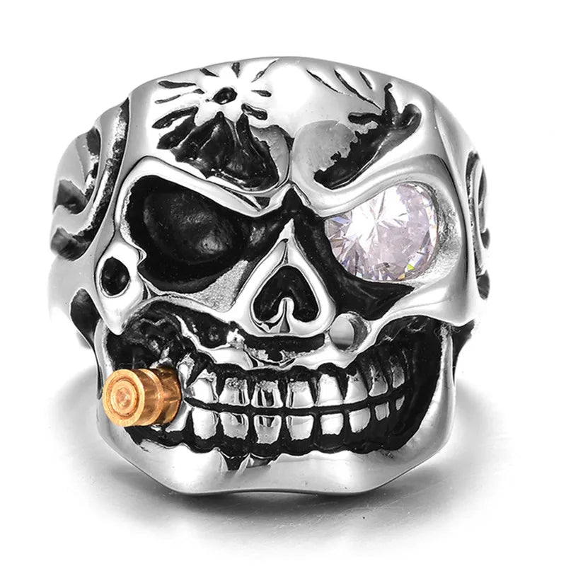 Gold Pipe Smoking Biker Ring - Punk Rock Skull with Zircon Eye