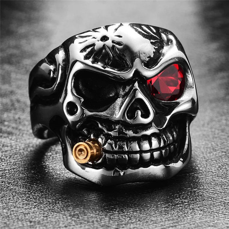 Gold Pipe Smoking Biker Ring - Punk Rock Skull with Zircon Eye