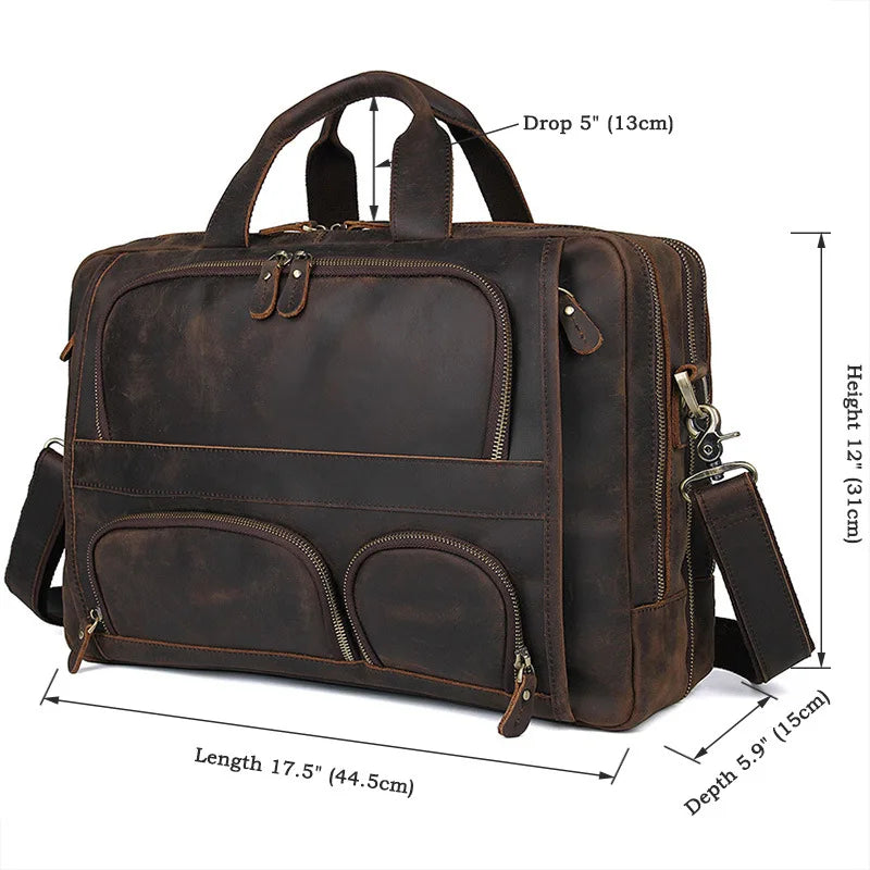 Luufan Multifunction Crazy Horse Leather Briefcase for 17" Laptop - Vintage Business Bag
