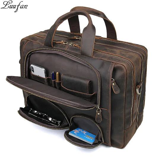 Luufan Multifunction Crazy Horse Leather Briefcase for 17" Laptop - Vintage Business Bag