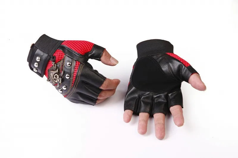 Leather Fingerless Gloves with Skulls and Rivets for Edgy Fashion Enthusiasts