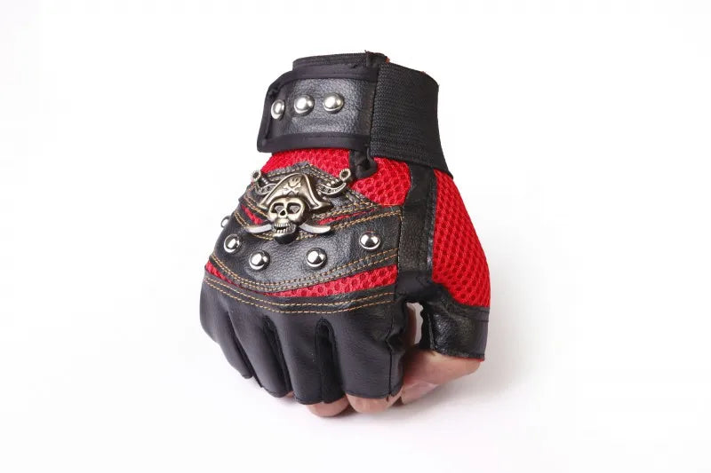 Leather Fingerless Gloves with Skulls and Rivets for Edgy Fashion Enthusiasts